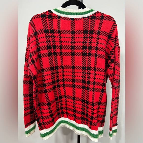 Merry Christmas 3-D Spell Out Embellished Plaid Holiday UGLY Sweater Bling - Picture 4 of 6